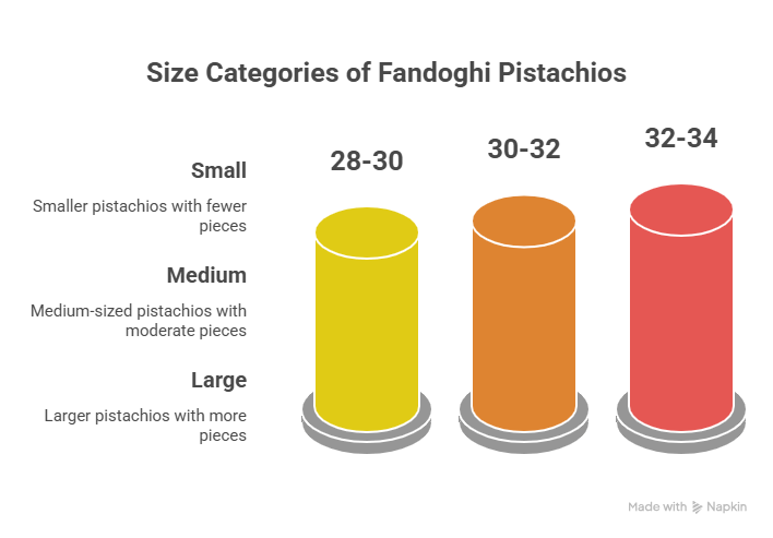 Fandoghi pistachios are typically available in three main sizes